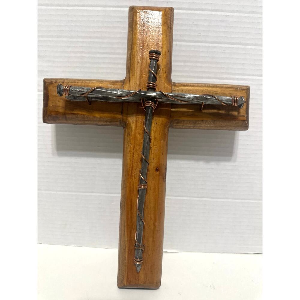 Handmade Rustic Wall Cross Wood/3 Spike Nails Copper Wire Religious Gloss Finish